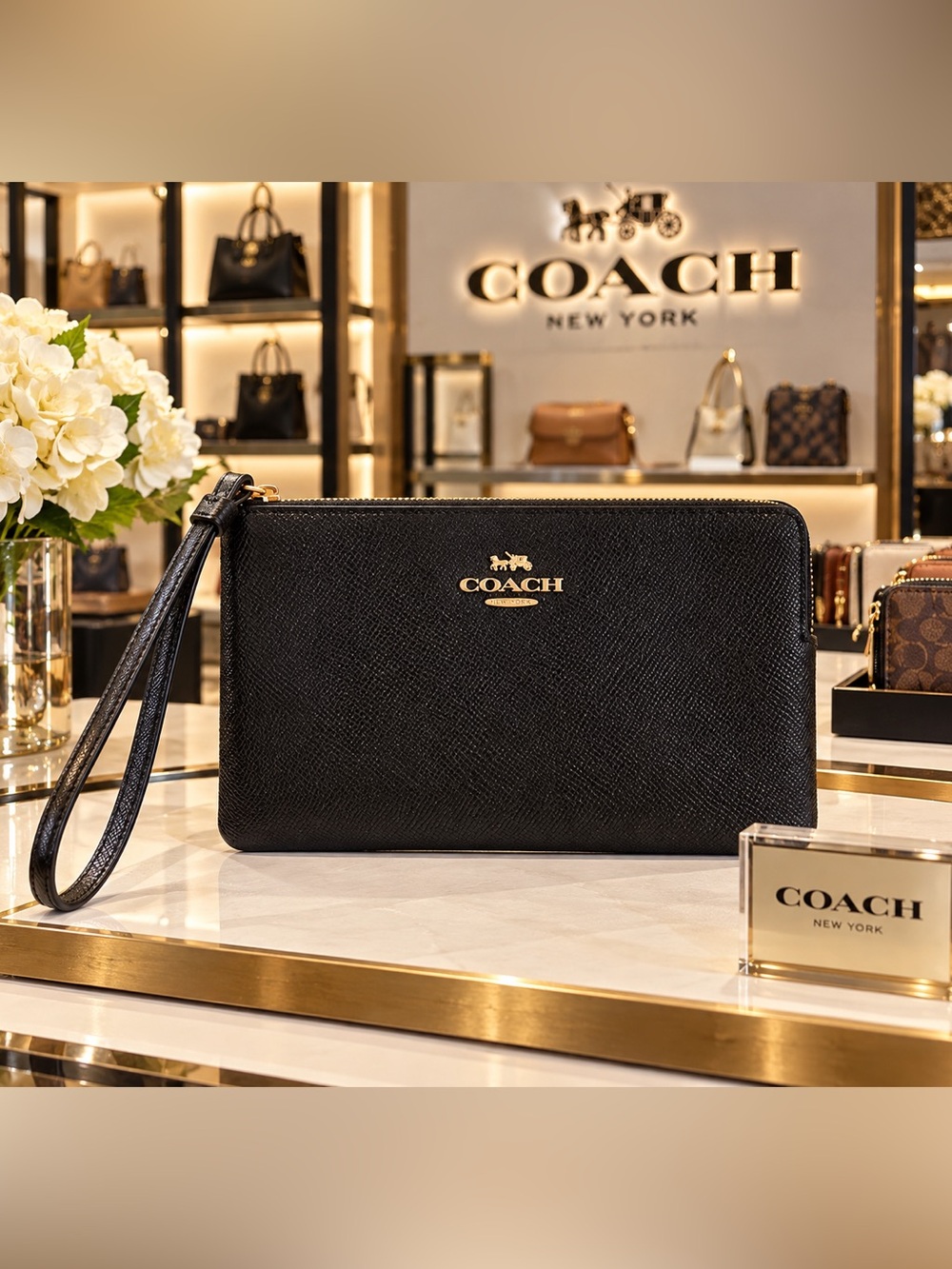 Coach Black Leather Wristlet with Gold Logo